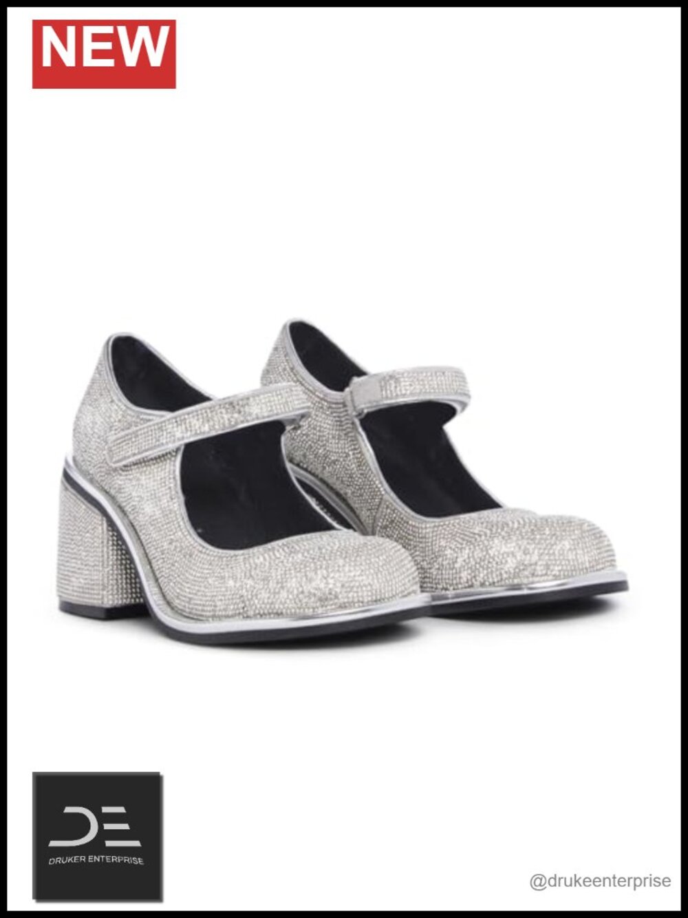 Rhinestone Mary Jane Pumps with Block Heels and Hook-and-Loop Closure